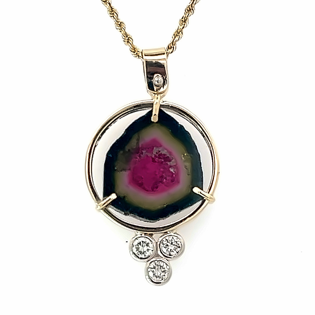 14K Yellow Gold Watermelon Tourmaline And Diamond Pendant