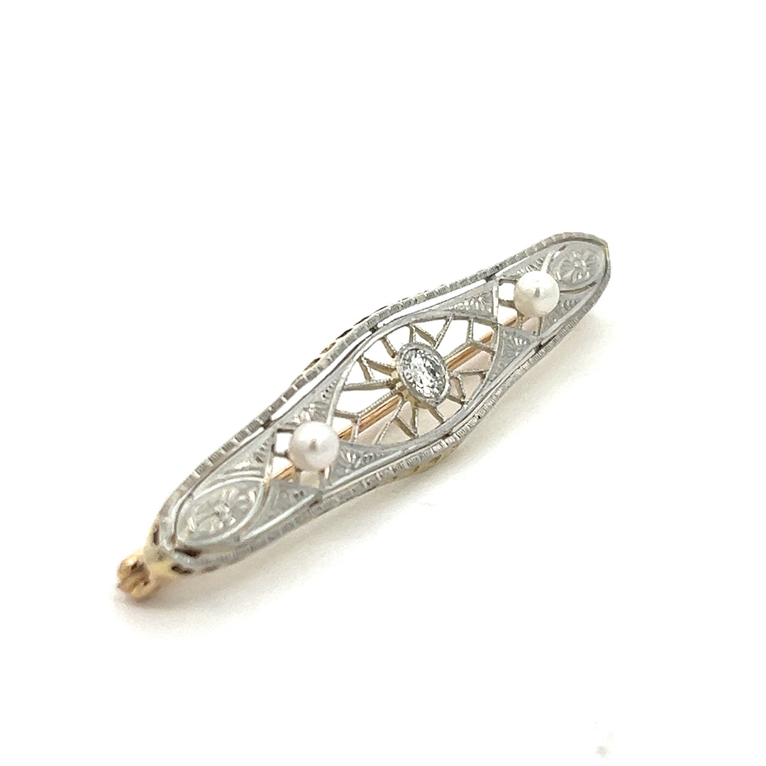 14K Yellow And White Gold Art Deco Diamond And Pearl Bar Pin