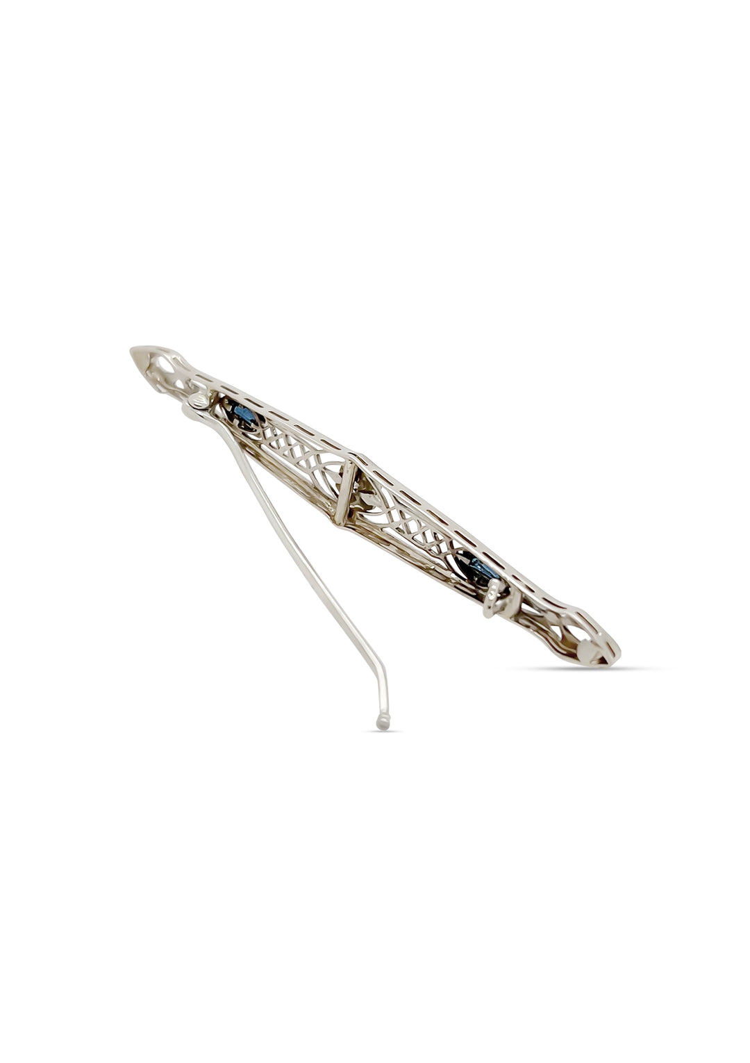 14K White Gold 0.07 Carat Diamond And Sapphire Filigree Bar Pin