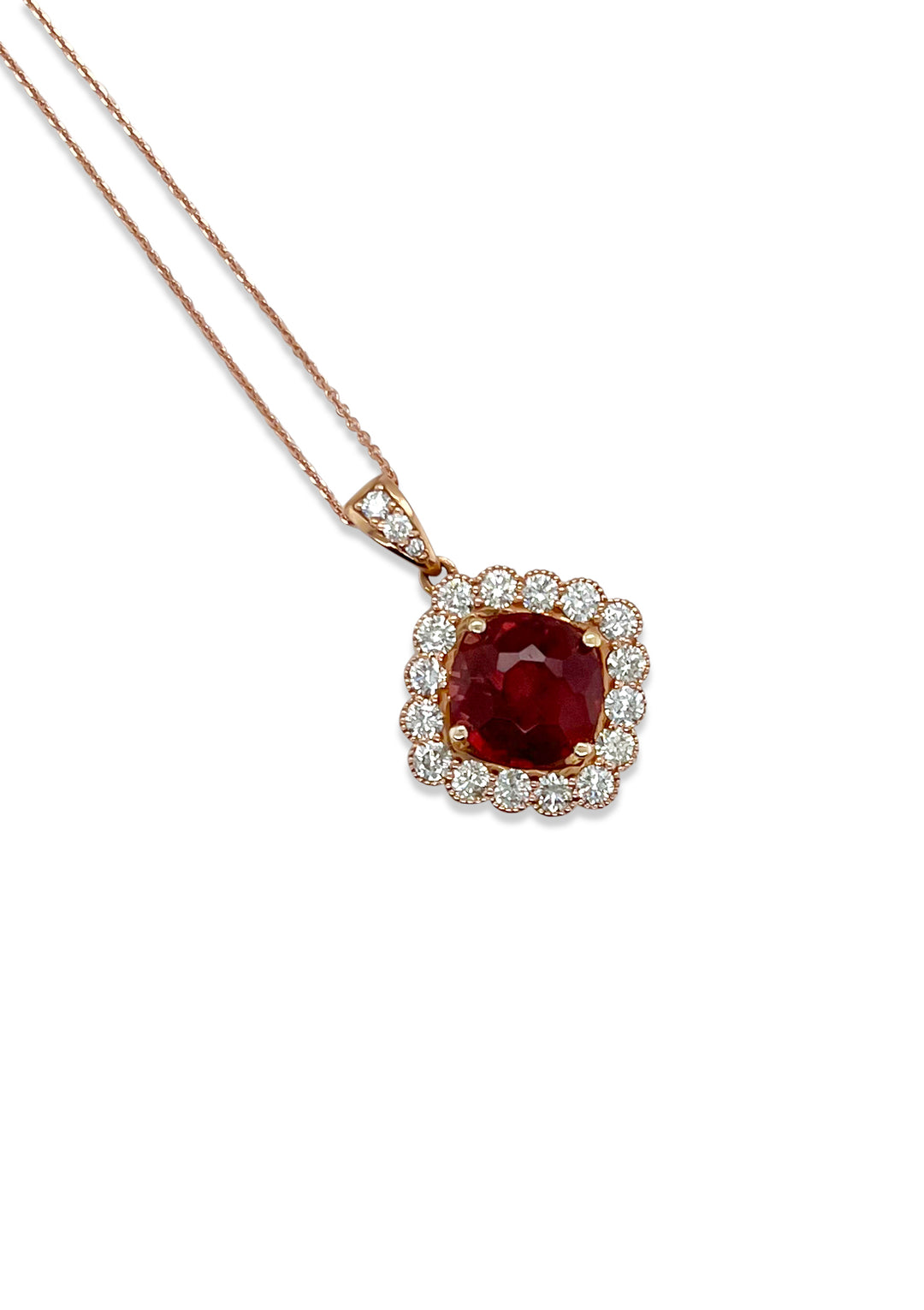 14K Rose Gold Checkerboard Cushion Cut Sunstone And Diamond Necklace