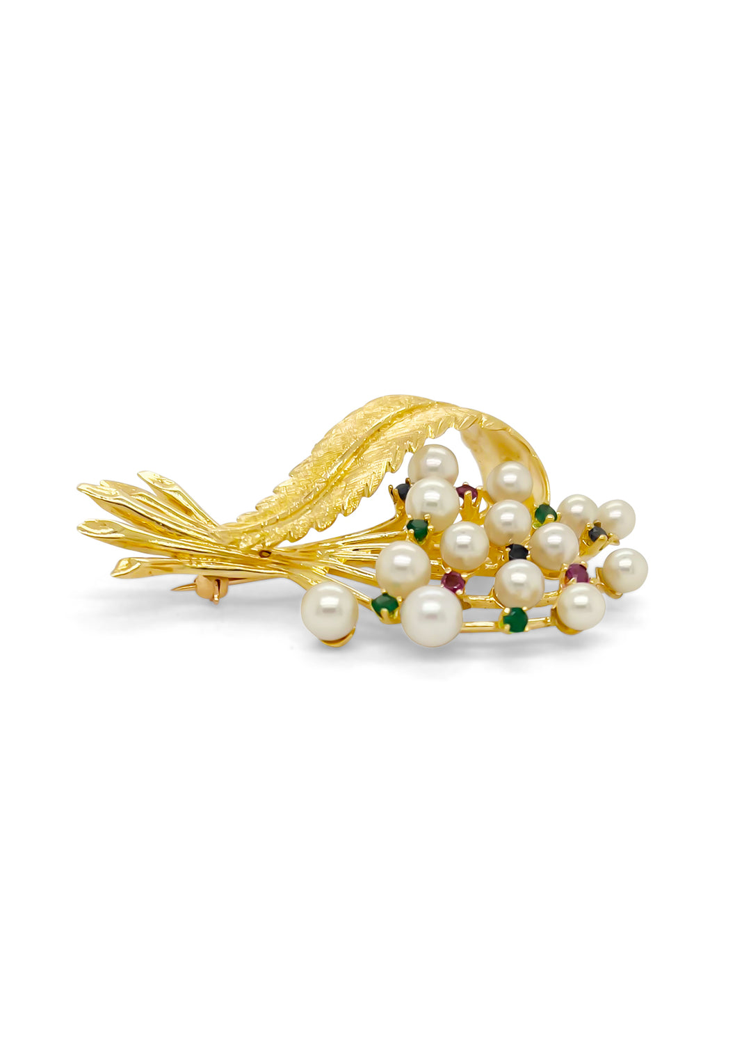 14K Yellow Gold Estate Pearl And Gemstone Brooch