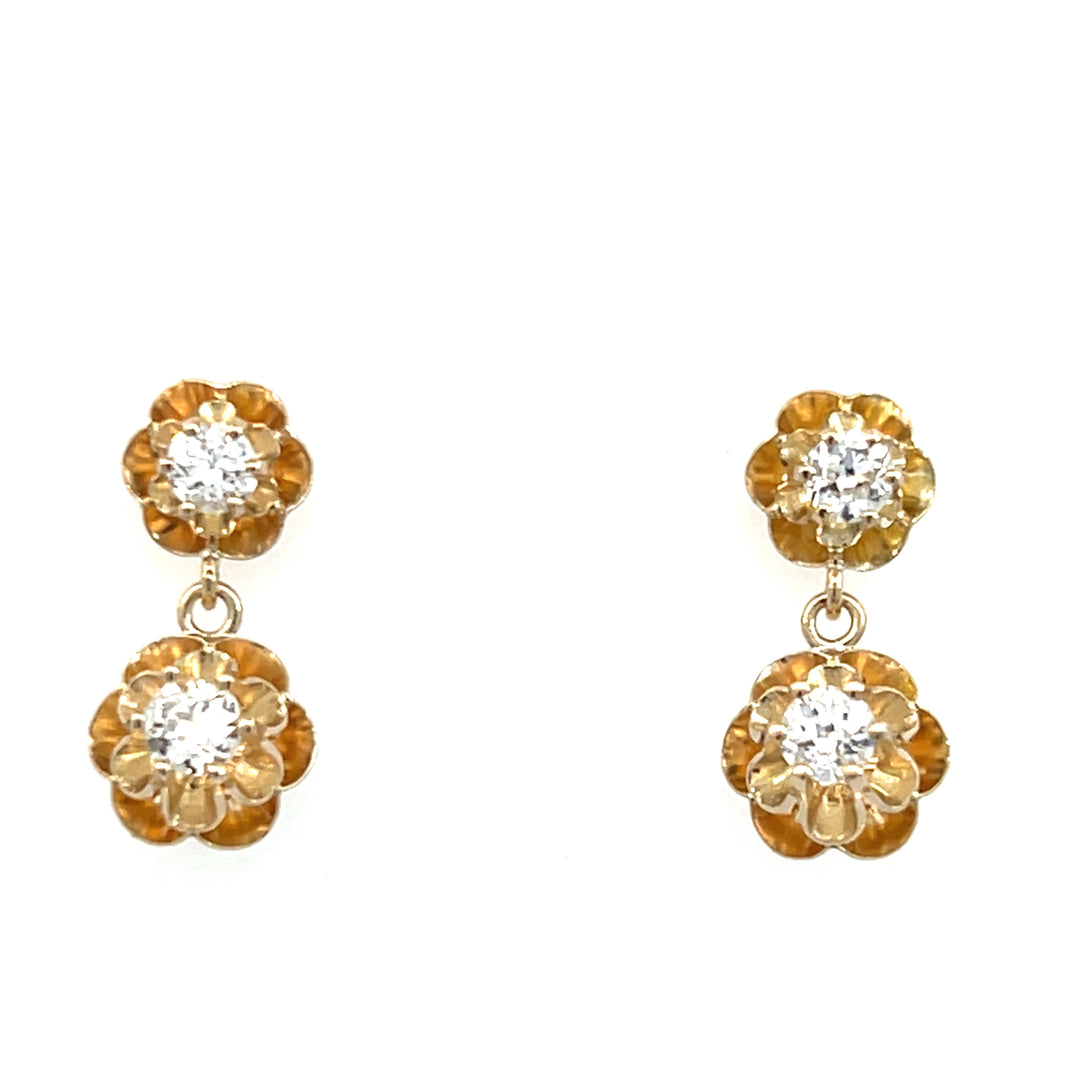 14K Yellow Gold 0.88 Carat Old European Cut Diamond Buttercup Dangle Earrings